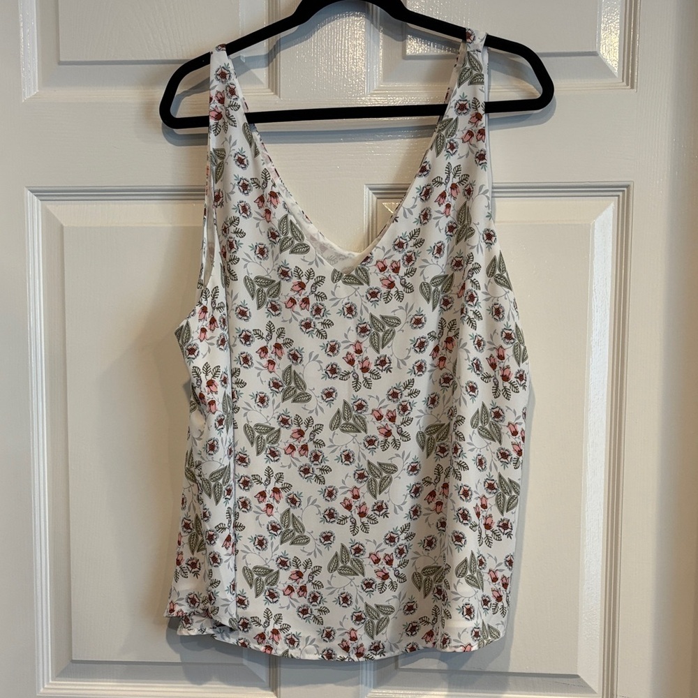 Floral V-Neck Sleeveless Tank Top - White with Green & Pink Floral
